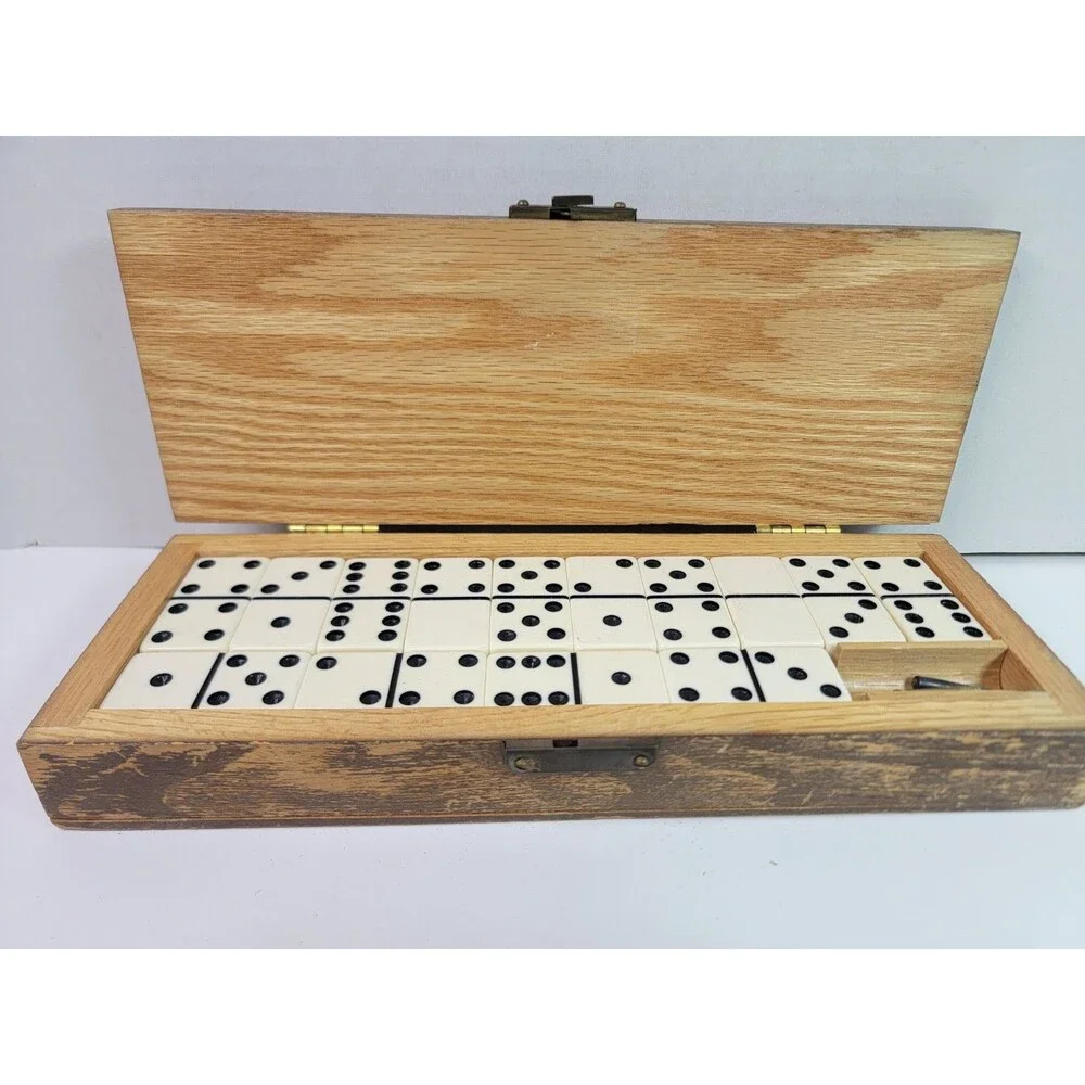 Vintage Wooden Cribbage Board Domino Set w/ Storage Box Pegs 28 Dominoes
